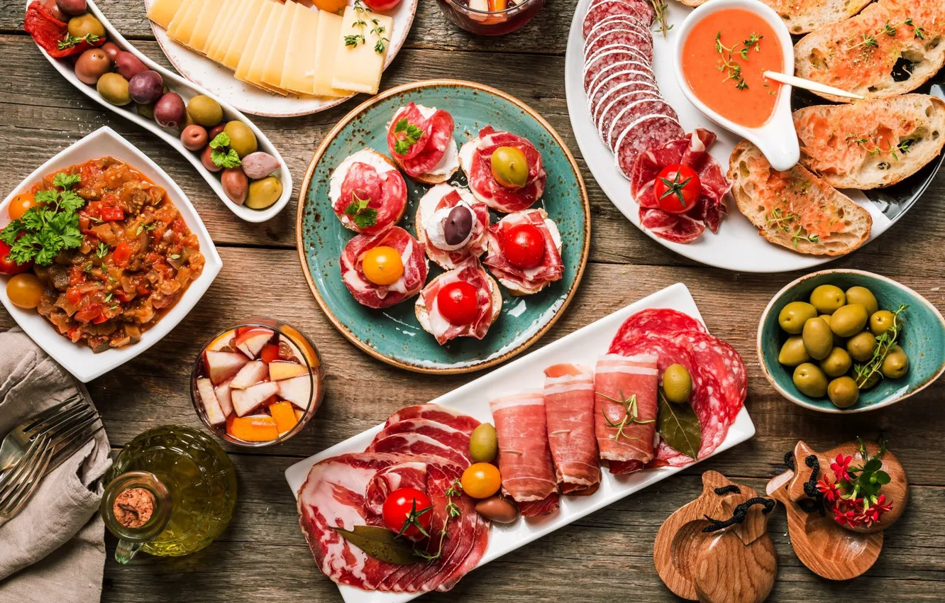 Photo wallpaper Breakfast, cheese, meat, olives, tomatoes, sausage, bacon, ham