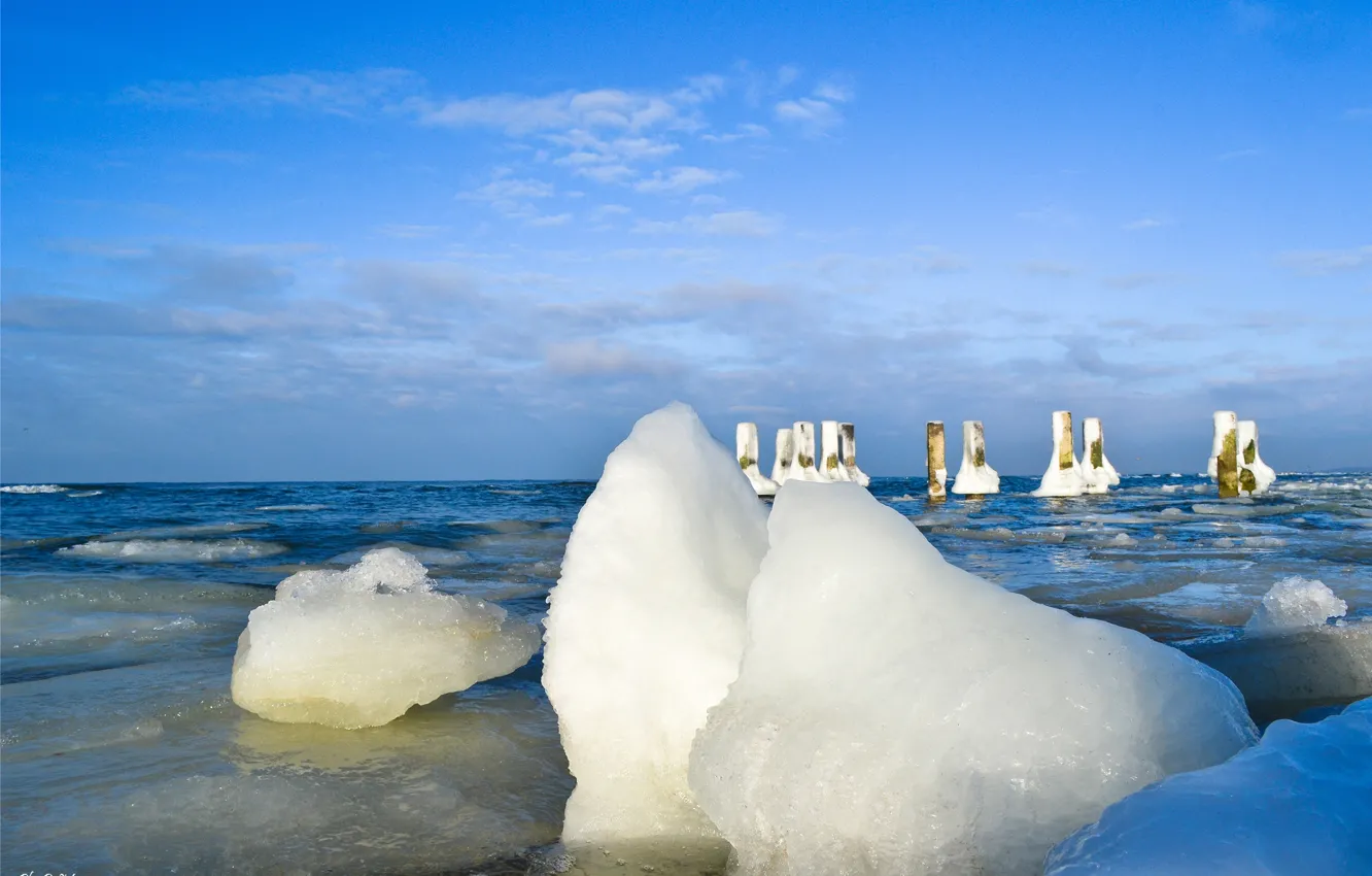 Photo wallpaper ice, winter, sea, the sky, piles, Ph. D.M., Baltiysk