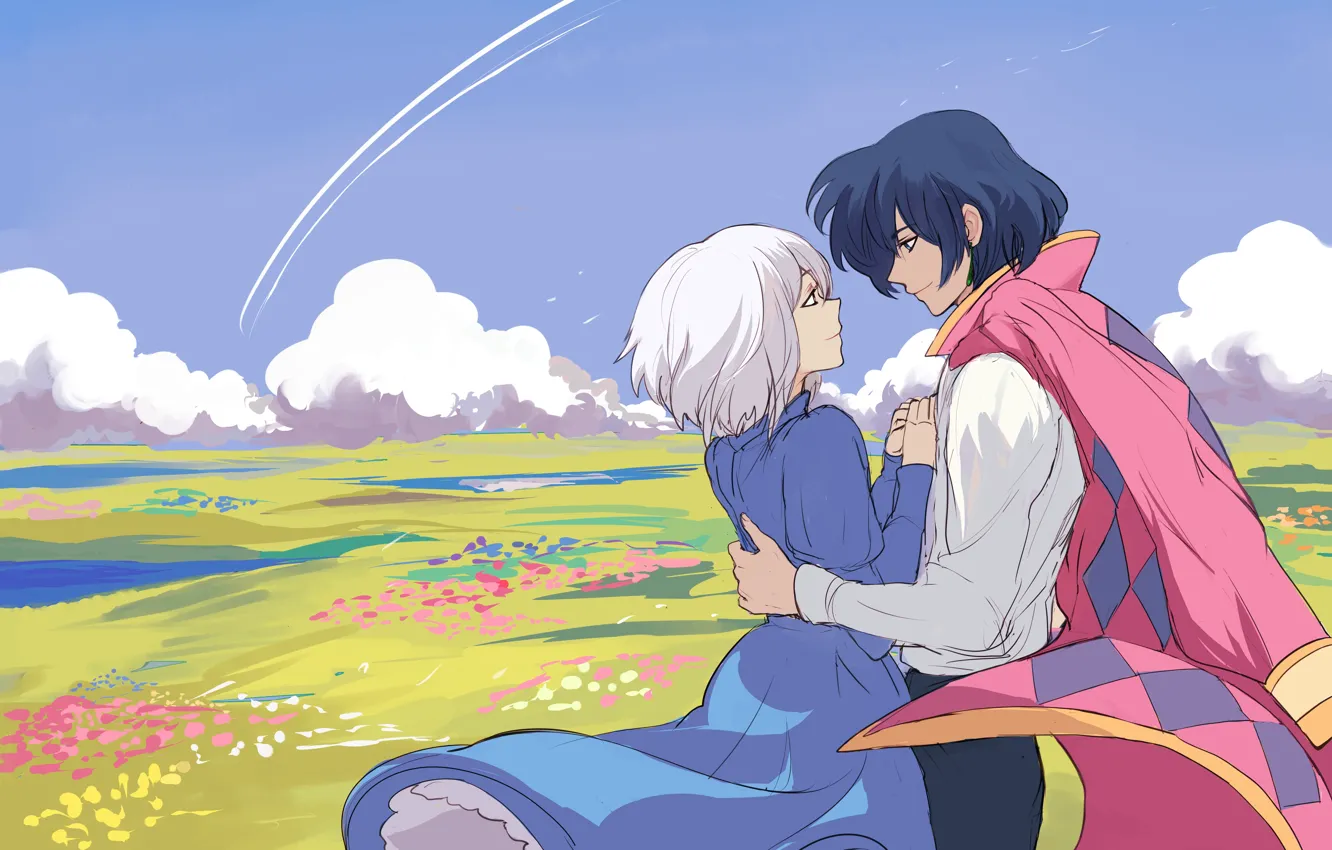 Photo wallpaper field, girl, clouds, flowers, art, guy, Hayao Miyazaki, Howl's moving castle