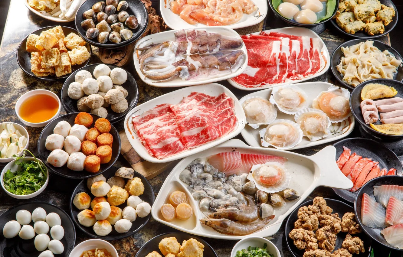 Photo wallpaper plate, seafood, serving, Asian cuisine