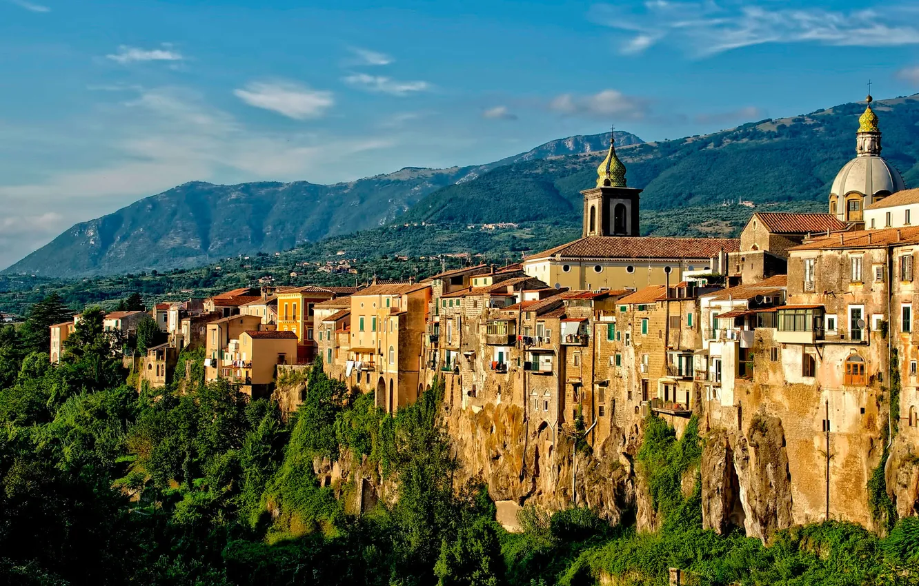 Photo wallpaper the sky, trees, mountains, rocks, tower, home, Italy, Church