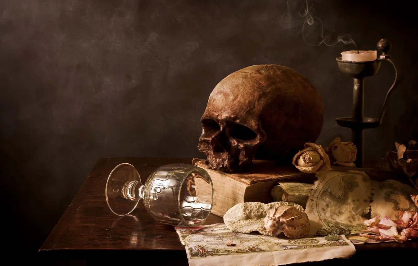 Photo wallpaper glass, skull, candles