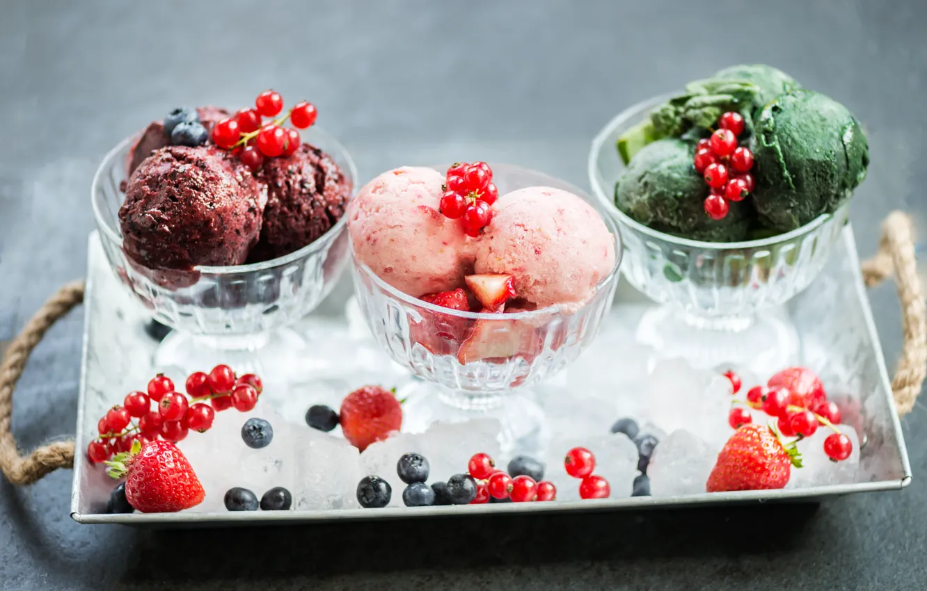 Photo wallpaper berries, ice, blueberries, strawberry, ice cream, dessert, sweet