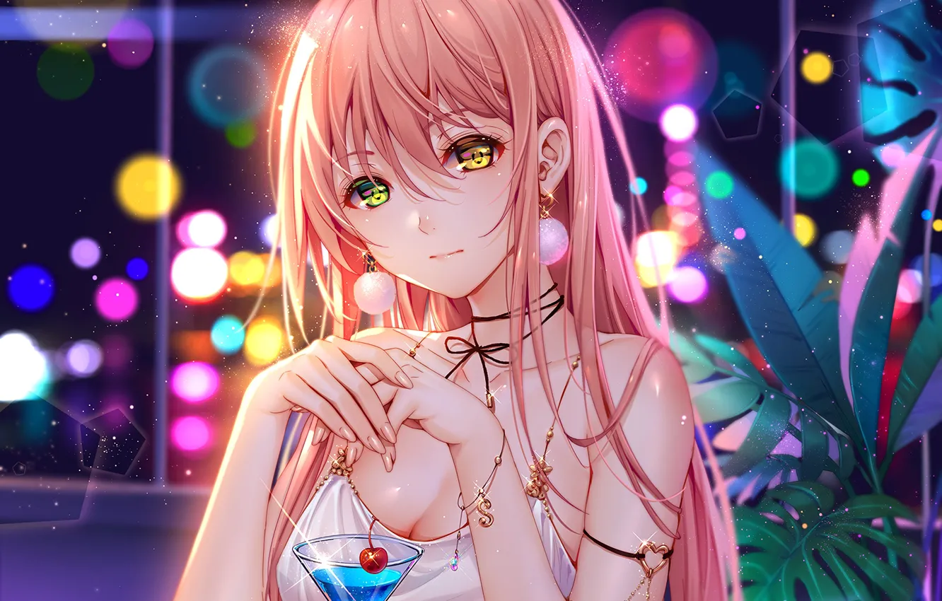 Photo wallpaper look, girl, glass, cherry