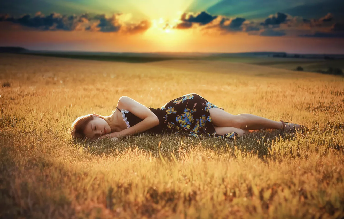 Photo wallpaper field, girl, sleep, dress