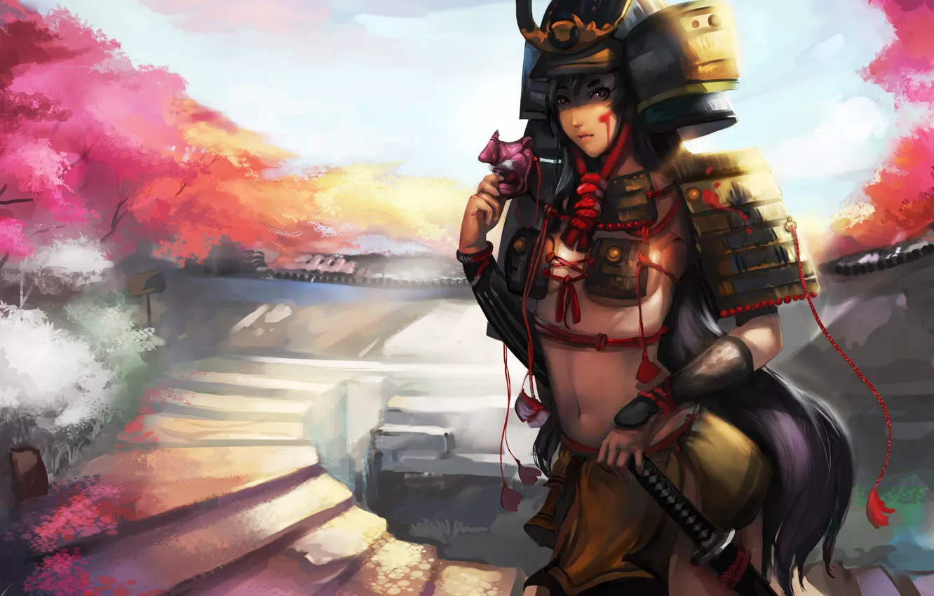 Photo wallpaper paint, Girl, sword, armor, mask, samurai