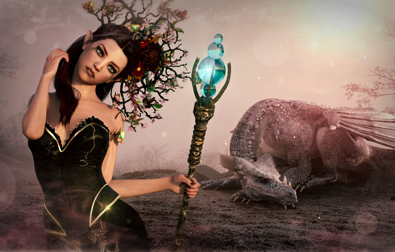 Photo wallpaper girl, fantasy, dragon, sorceress, Enchanted