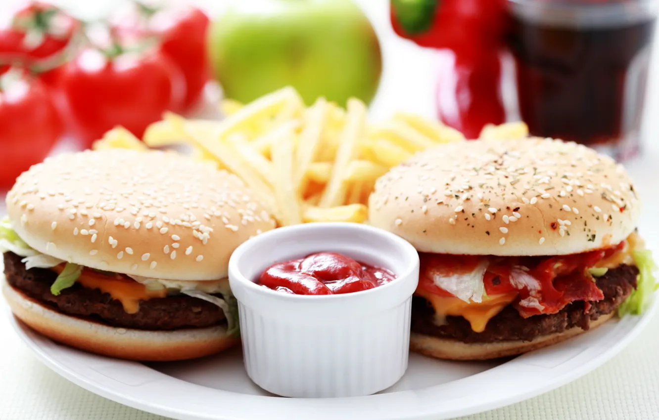 Photo wallpaper sauce, hamburger, French fries