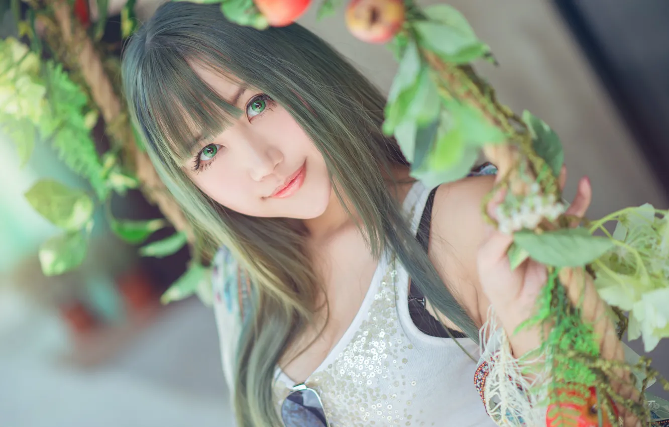 Photo wallpaper green, look, sunglasses, rope, blurred background, face, cutie, lenses