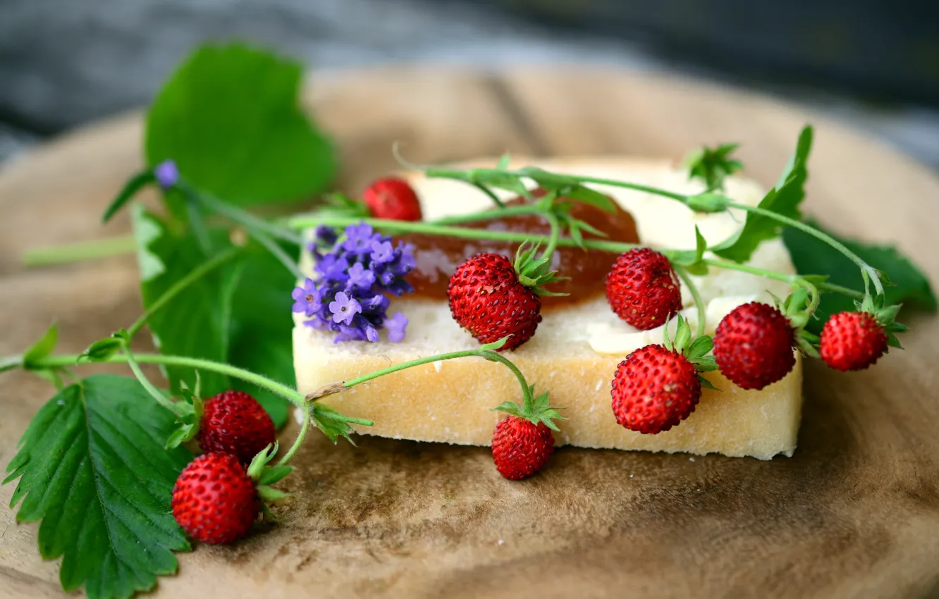 Photo wallpaper summer, berries, sprig, strawberries, bread, jam, sandwiches