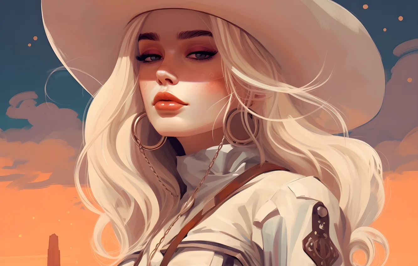 Photo wallpaper look, girl, portrait, hat, cowboy, cowboy, AI art, neural network