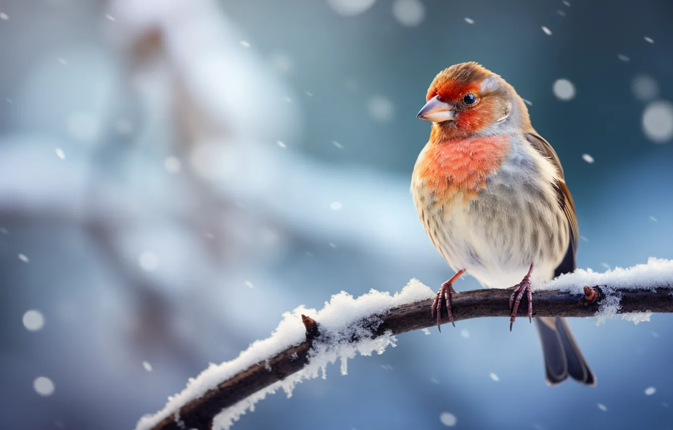 Photo wallpaper winter, snow, branches, nature, bird, snowfall, blue background, bokeh