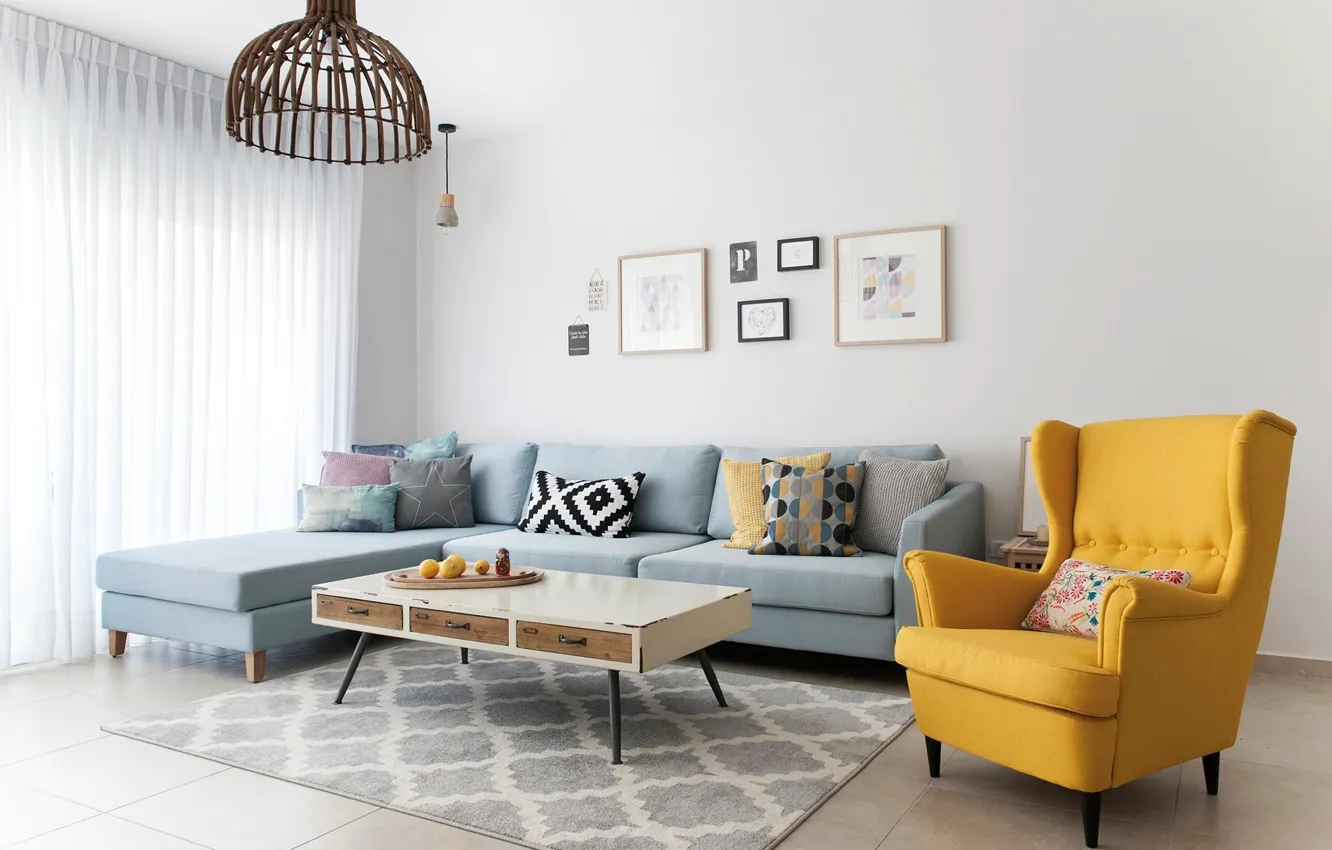 Photo wallpaper design, style, interior, the ear chair, grey sofa, bright living room