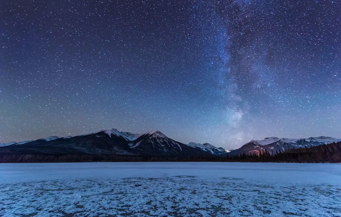 Photo wallpaper snow, trees, mountains, lake, the milky way, Frozen lake