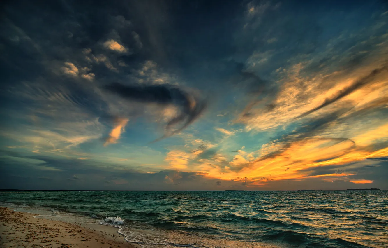 Photo wallpaper sea, beach, clouds, sunset, the evening