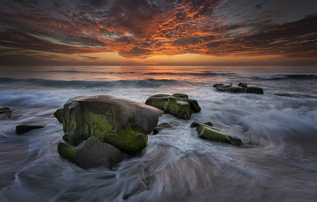 Photo wallpaper wave, clouds, landscape, sunset, stones, the ocean, CA, surf
