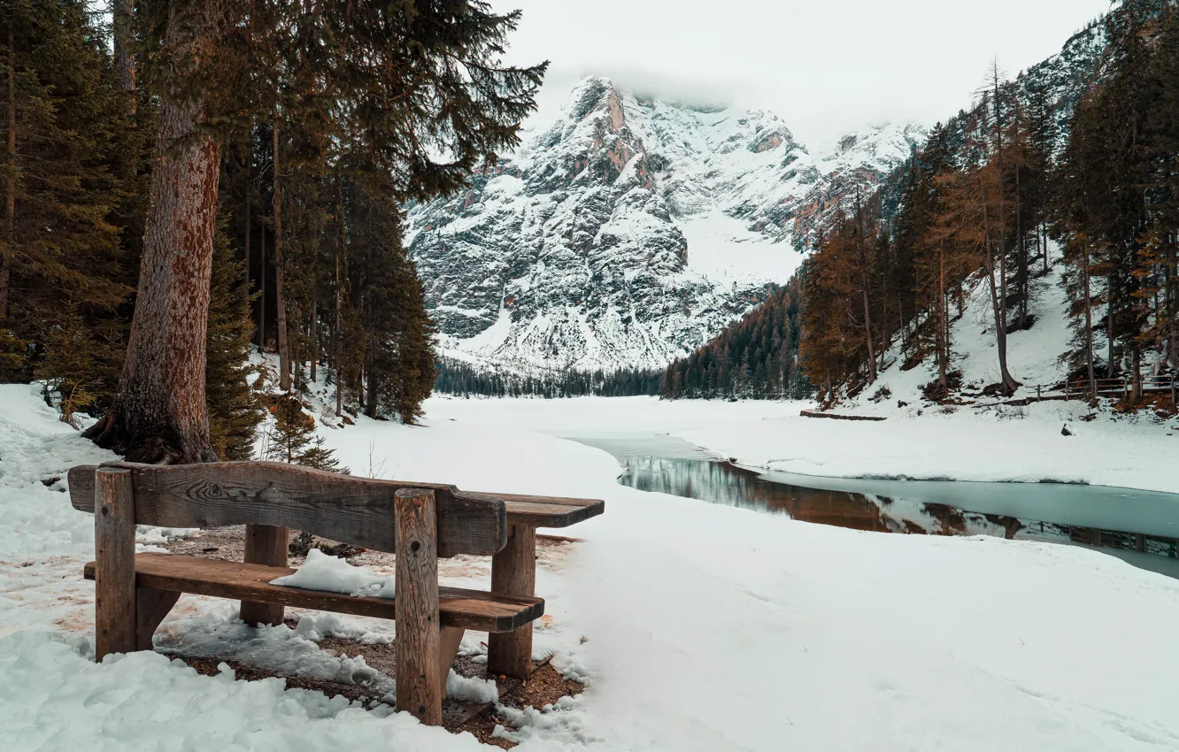 Photo wallpaper snow, mountains, river, bench