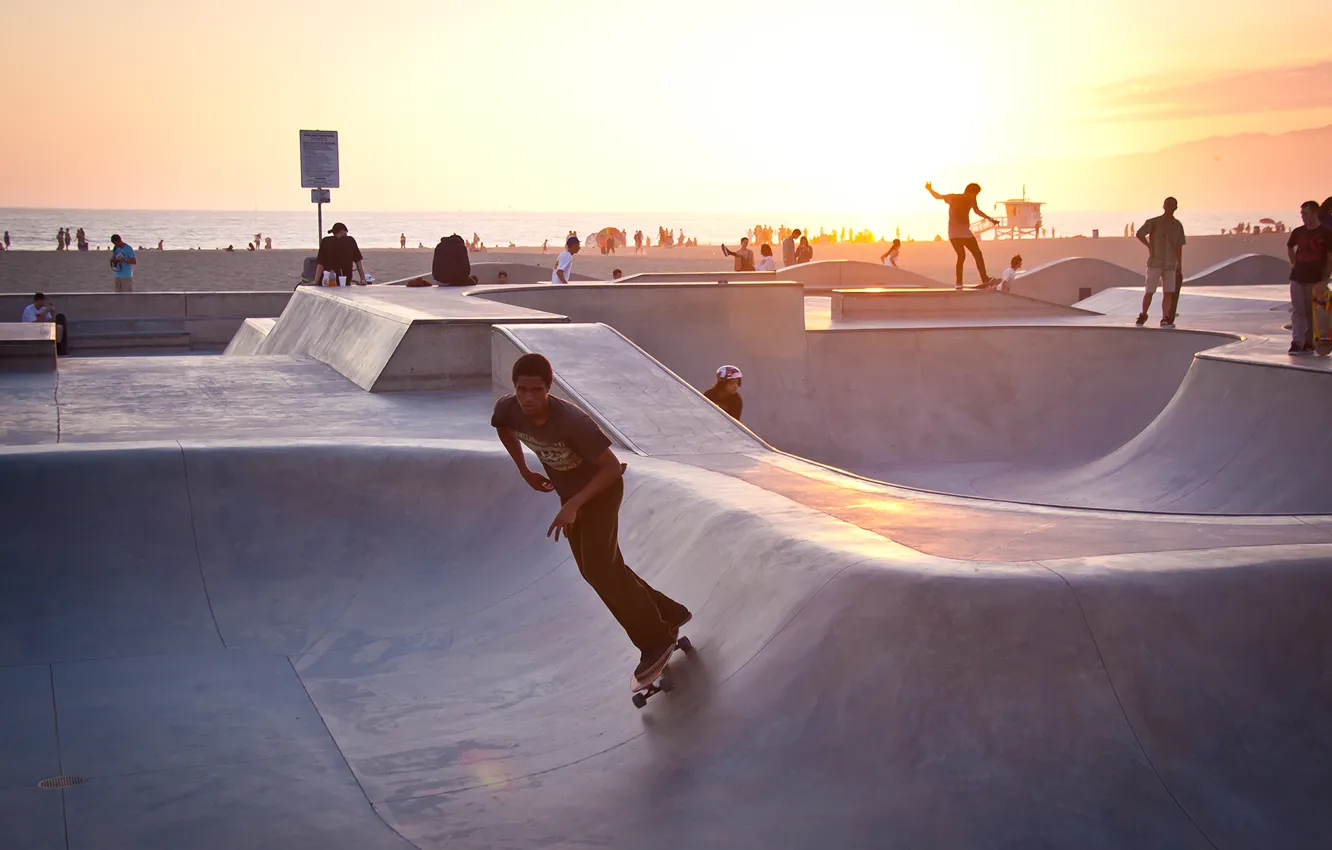 Photo wallpaper USA, summer, sunset, Los Angeles, California, skater, venice beach