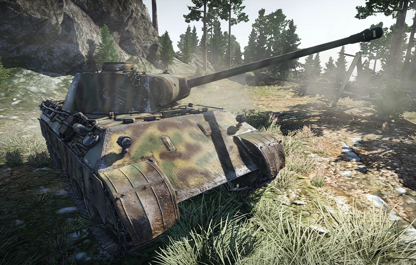 Photo wallpaper trees, stones, rocks, art, camouflage, WW2, German Tank, PzKpfw V "Panther" Ausf. D