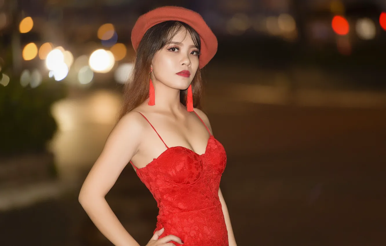 Photo wallpaper look, pose, hat, Asian, red dress, beautiful girl, blurred background