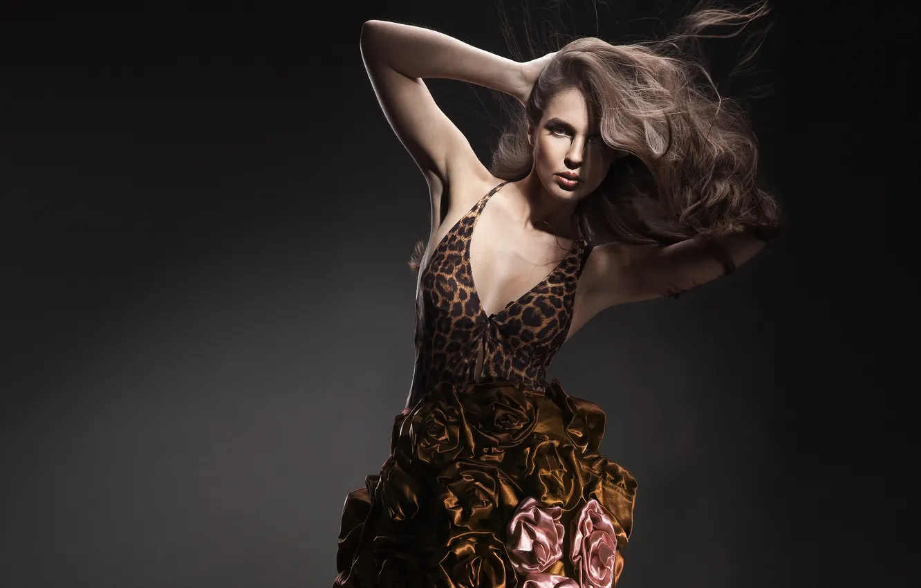 Photo wallpaper look, girl, flowers, dress, brown hair, curls