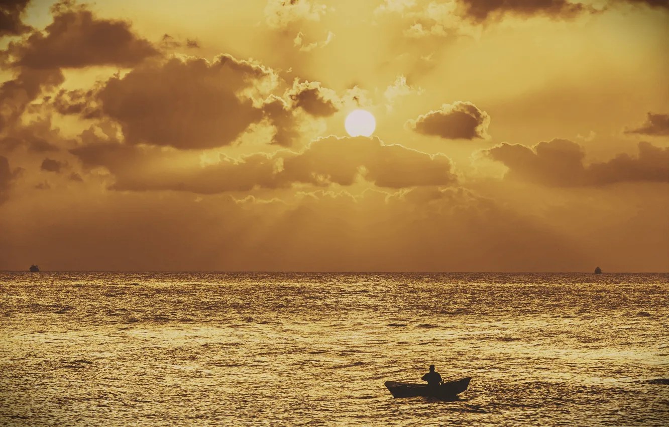 Wallpaper Sea, The Sun, Clouds, Sunset, Fisherman, Boats, Horizon 