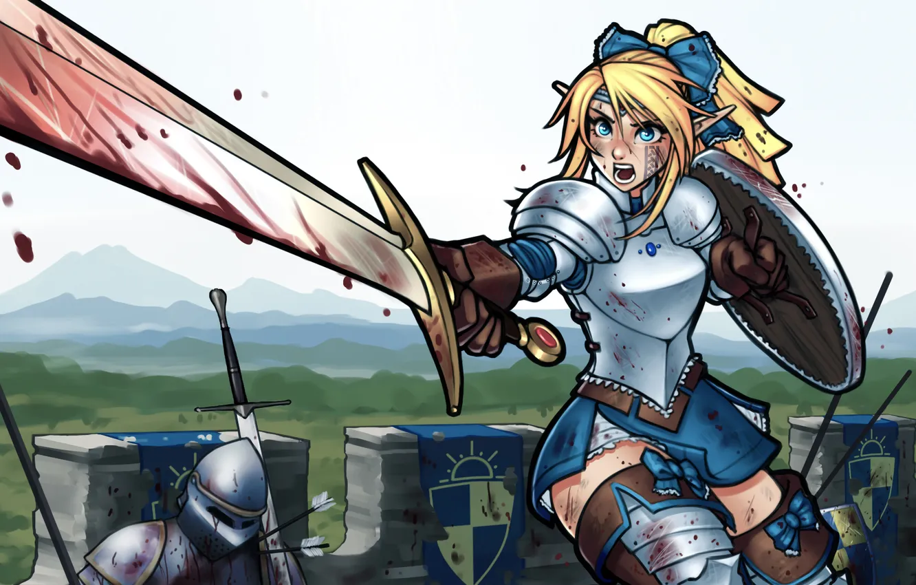 Photo wallpaper girl, wall, blood, elf, sword, armor, warrior, fortress