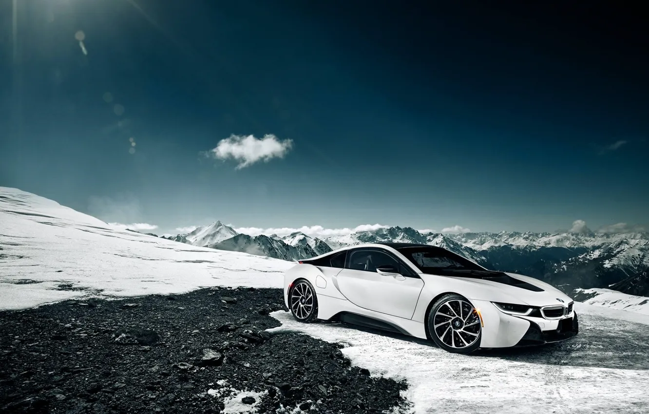 Photo wallpaper BMW, Sky, Front, Sun, Snow, White, Moutian