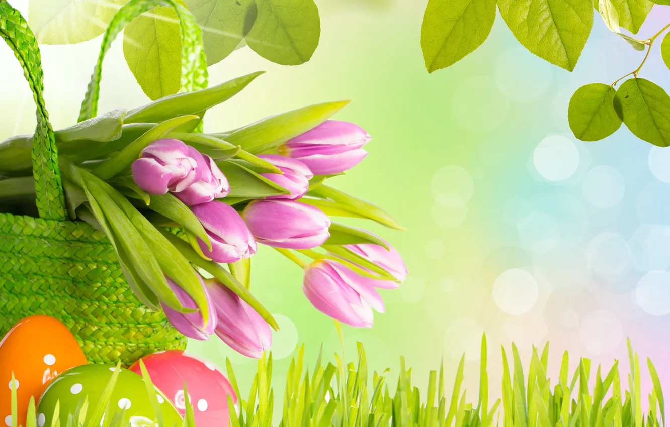 Photo wallpaper grass, leaves, flowers, spring, Easter, tulips, eggs, Easter