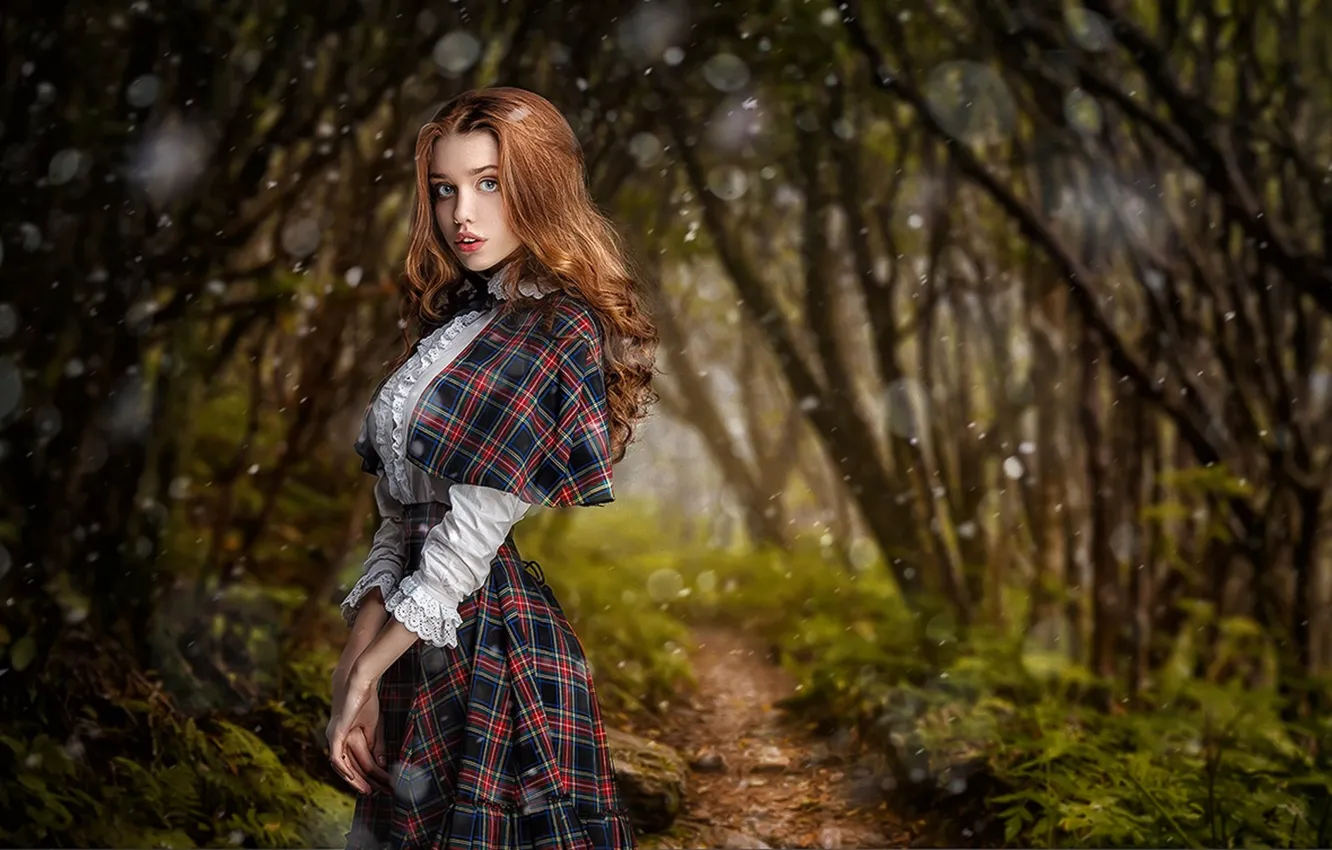 Photo wallpaper forest, look, girl, hair, trail, dress, red, beautiful