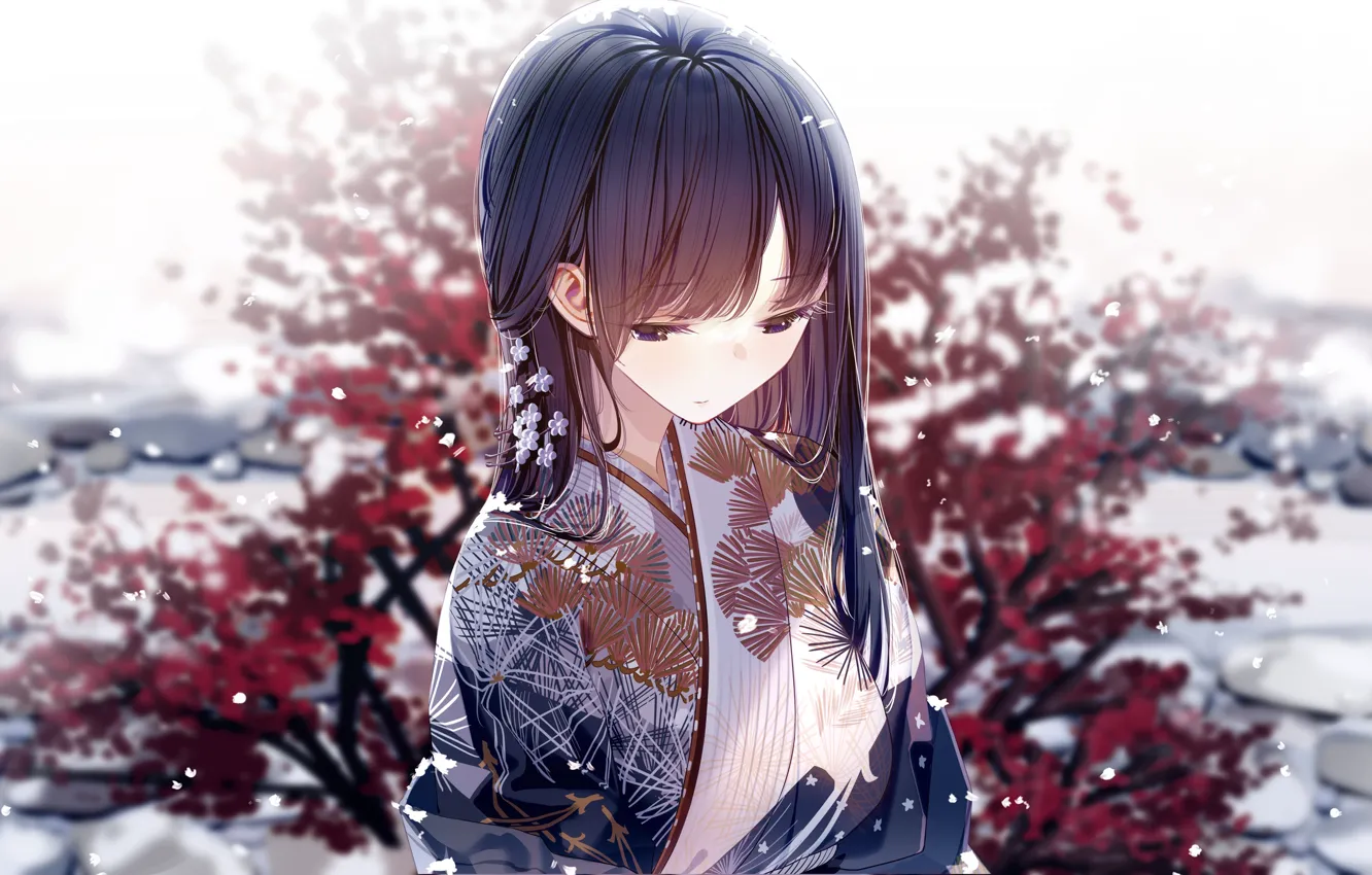 Photo wallpaper sadness, girl, snow, trees