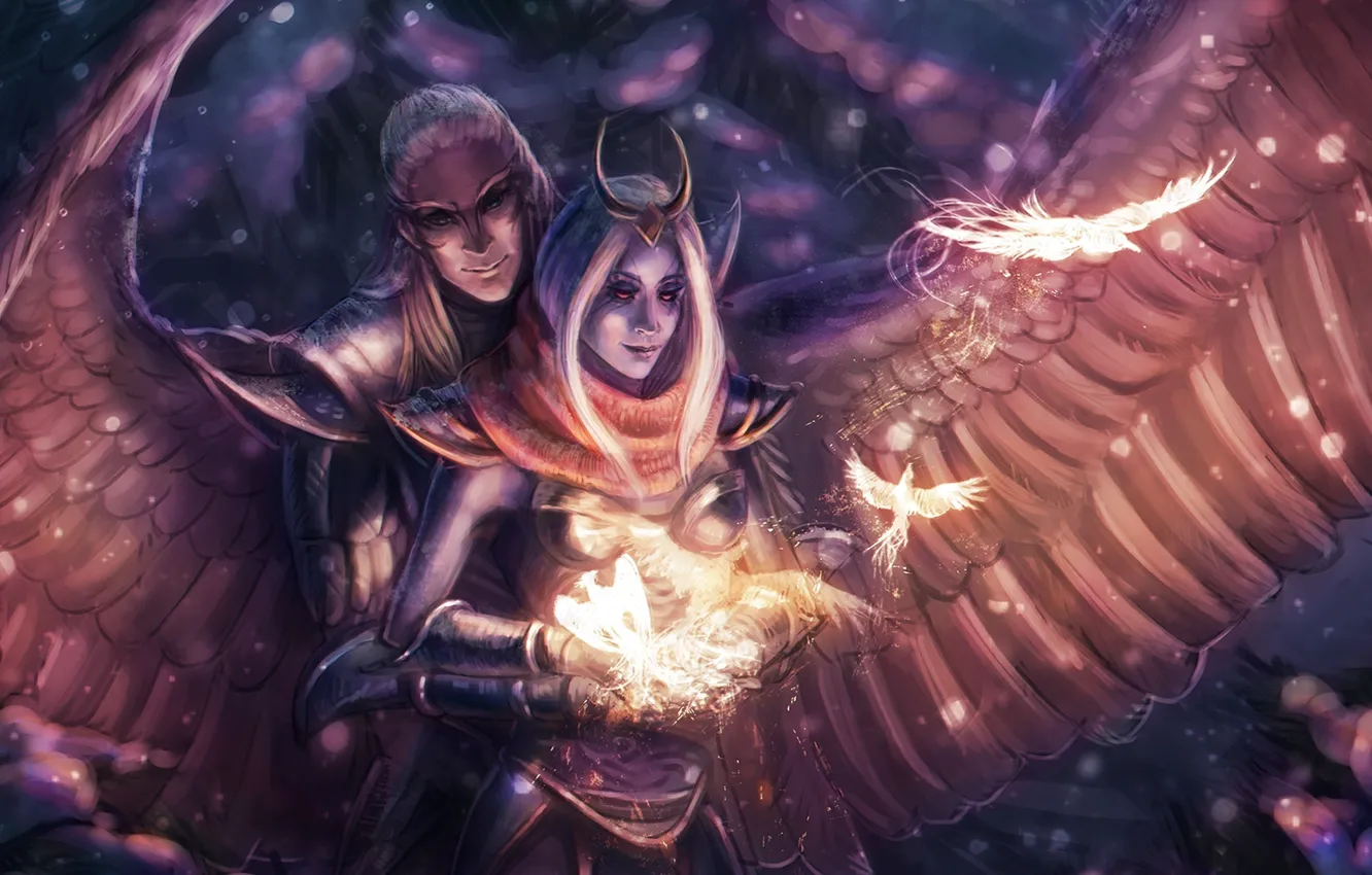 Photo wallpaper girl, love, wings, art, pair, guy, dota 2, Vengeful Spirit