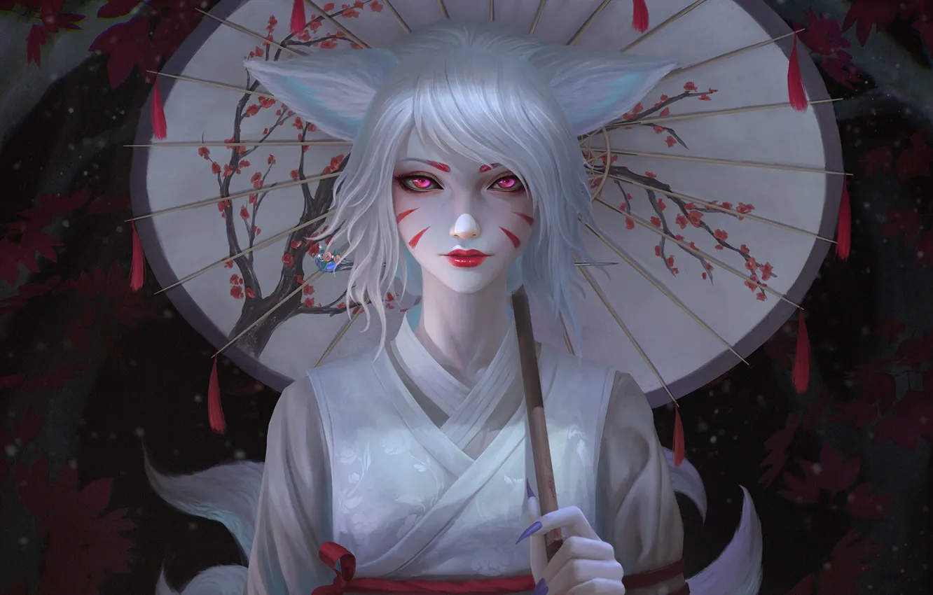 Photo wallpaper girl, fantasy, umbrella, purple eyes, leaves, artist, digital art, artwork