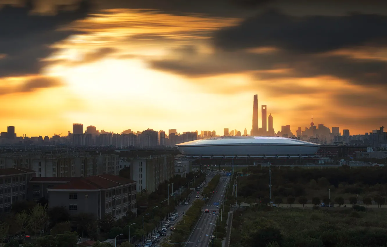 Photo wallpaper road, the sky, clouds, sunset, the city, Asia, building, home