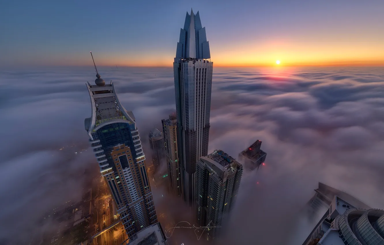 Photo wallpaper the city, fog, Dubai, skyscrapers, UAE, the top