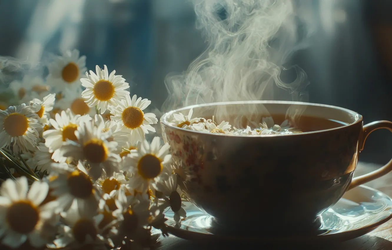 Photo wallpaper light, flowers, table, tea, chamomile, bouquet, pair, Cup