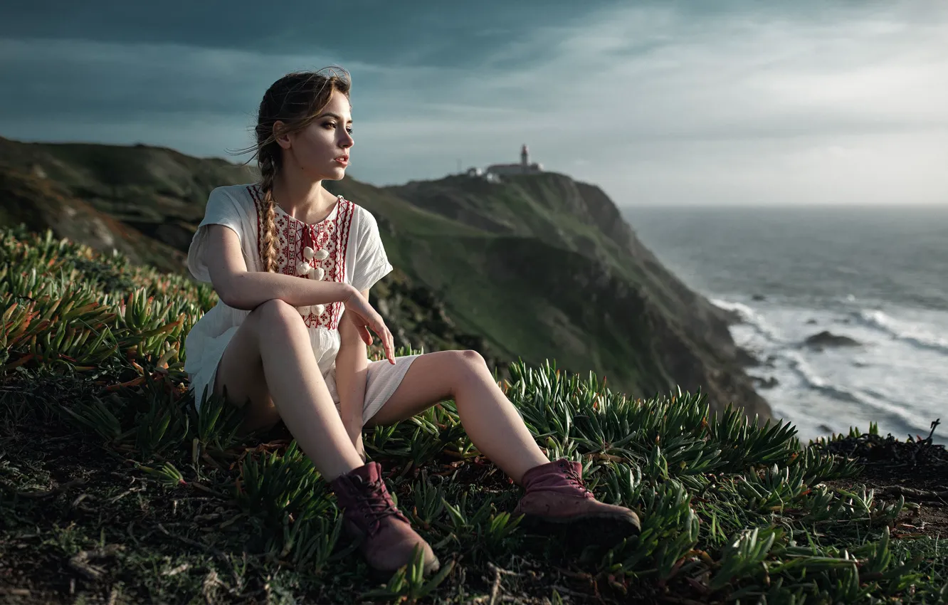 Photo wallpaper sea, girl, pose, feet, coast, shoes, braid, Kseniya Kokoreva