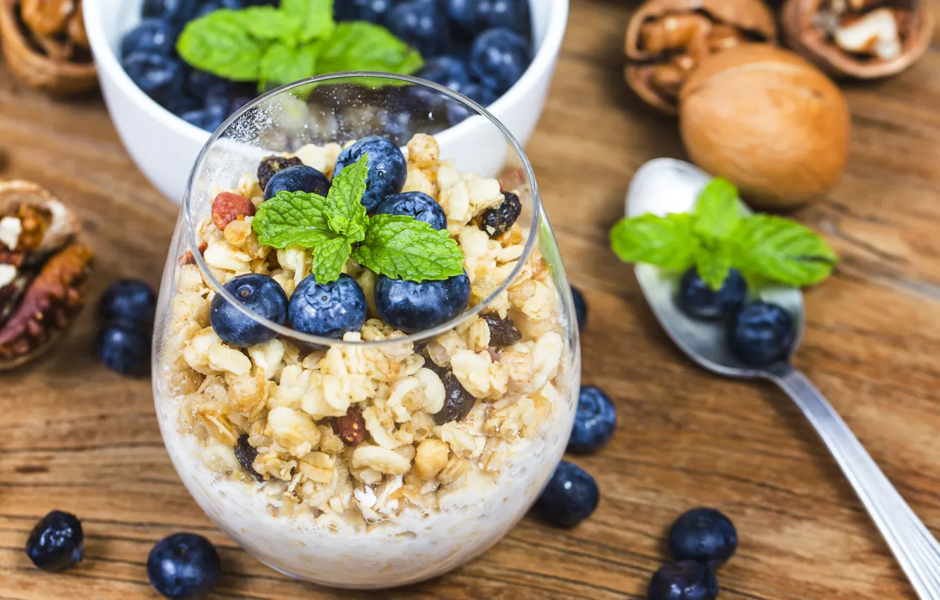 Photo wallpaper berries, nuts, cereal, yogurt