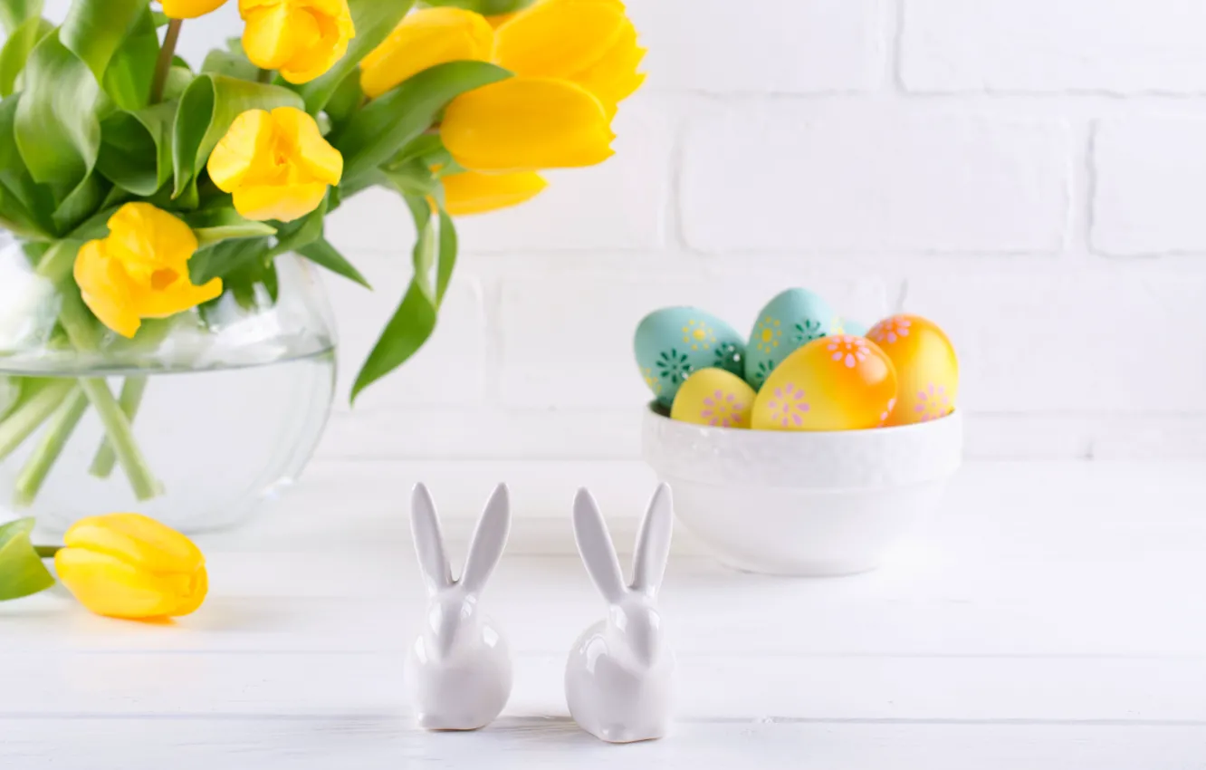 Photo wallpaper holiday, rabbit, Easter, tulips, composition, Irinka Vasilinka