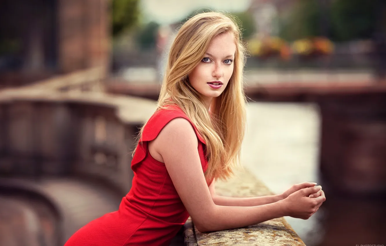 Photo wallpaper portrait, blur, makeup, dress, hairstyle, blonde, beautiful, in red