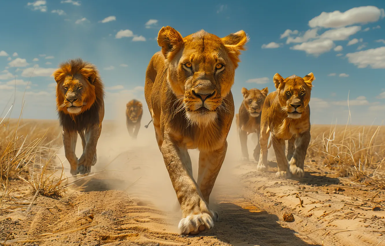Photo wallpaper look, predator, dust, Leo, lioness, front, big cats, digital art