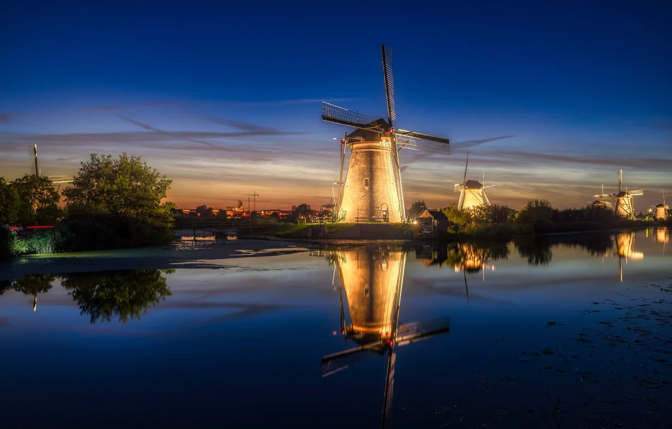 Photo wallpaper light, night, the evening, Netherlands, Holland, windmills