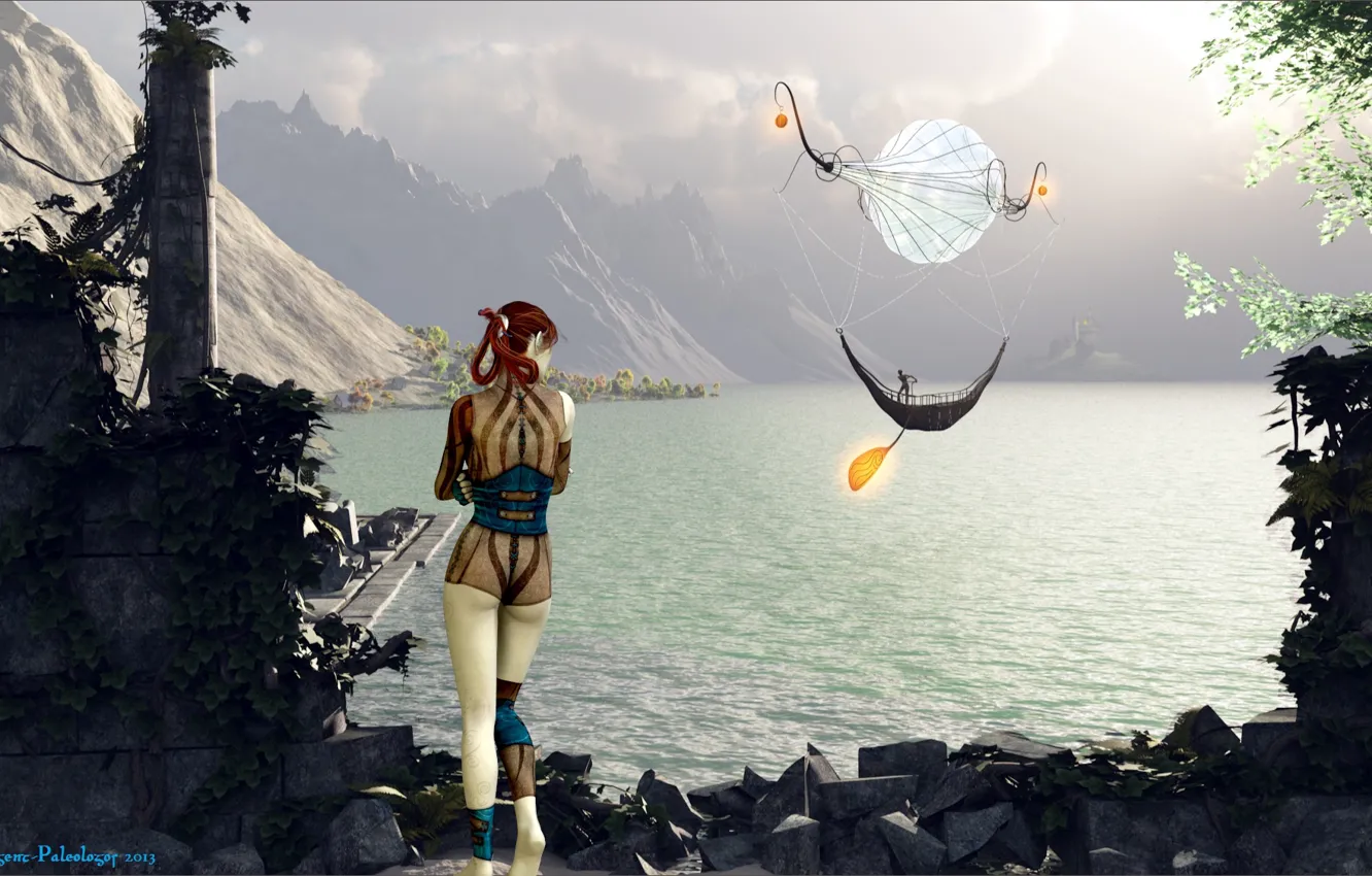 Photo wallpaper girl, mountains, balls, pond, Passage