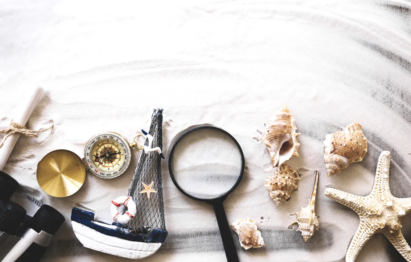 Photo wallpaper sand, shell, boat, magnifier, compass, Morska Zvezda