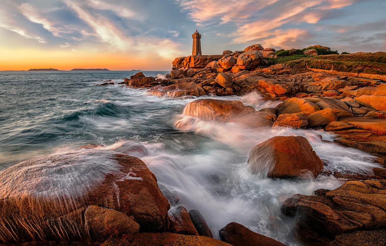 Photo wallpaper stones, coast, France, lighthouse, Brittany, Ploumanach