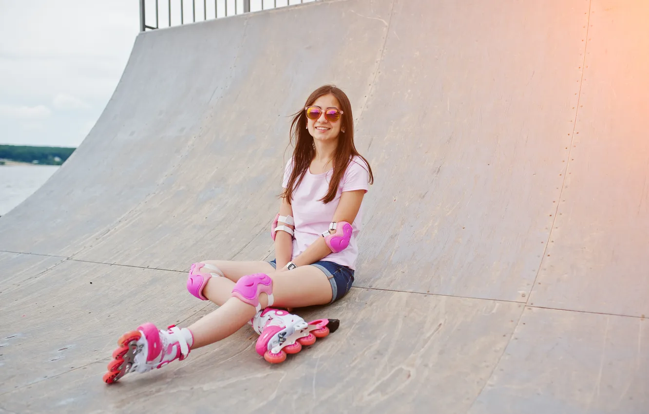 Photo wallpaper girl, beautiful, sitting, portrait, outdoor, rollerblad