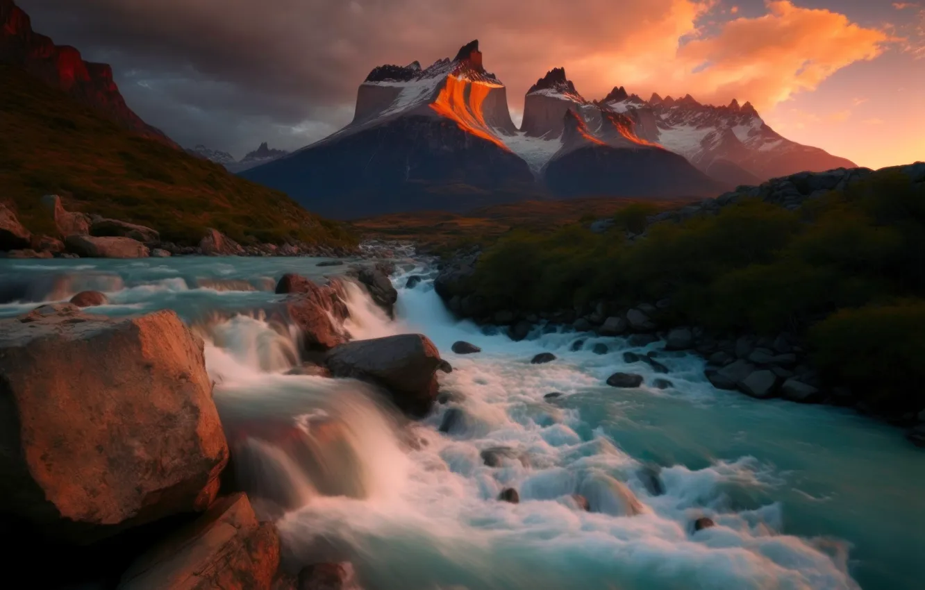 Photo wallpaper landscape, mountains, nature, rendering, shore, waterfall, art, pond