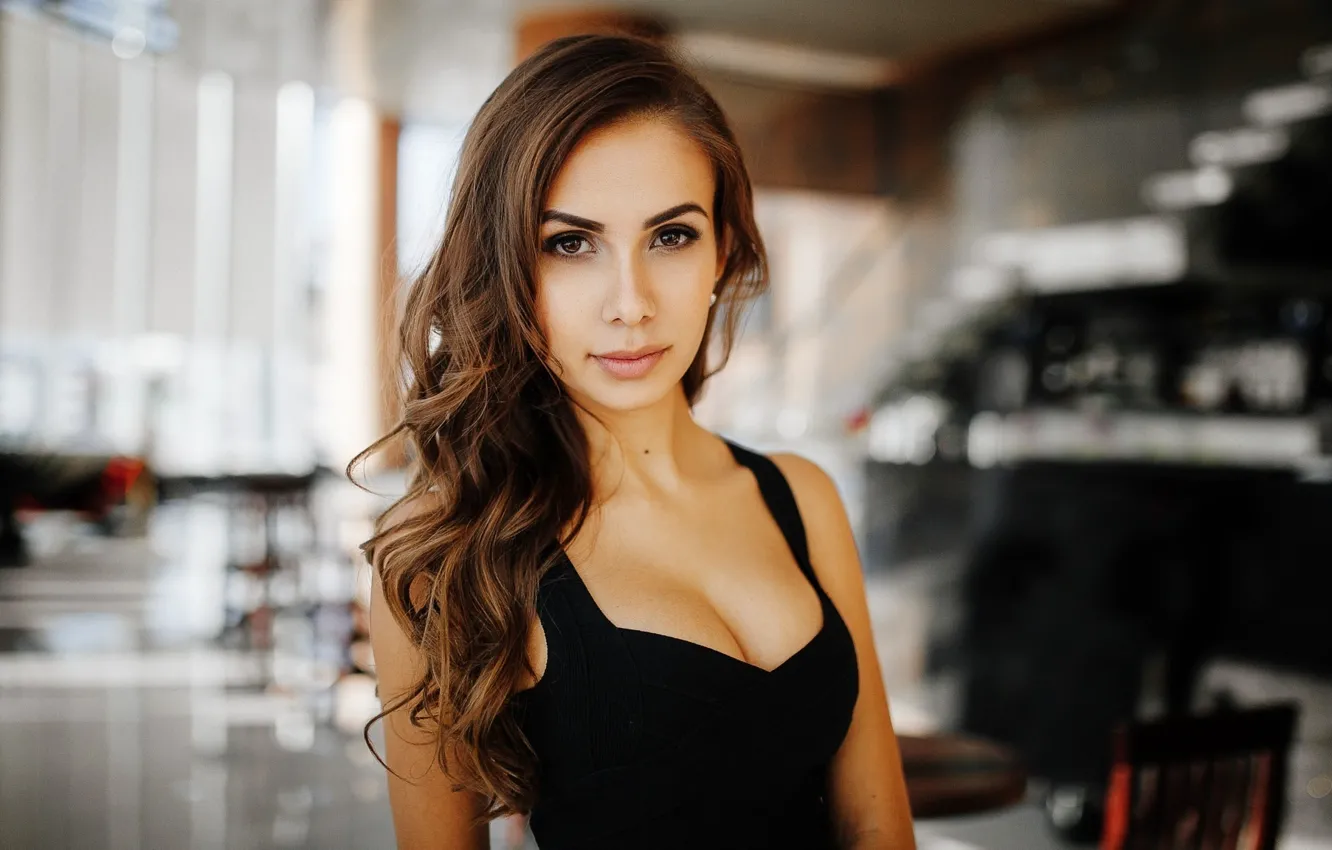 Photo wallpaper girl, portrait, makeup, dress, hairstyle, brown hair, cute, in black