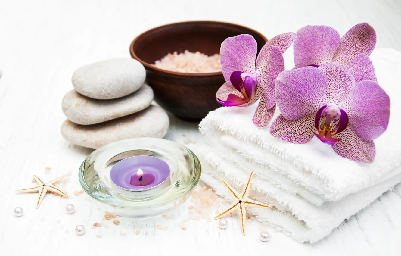 Photo wallpaper flowers, towel, Orchid, Spa, sea salt