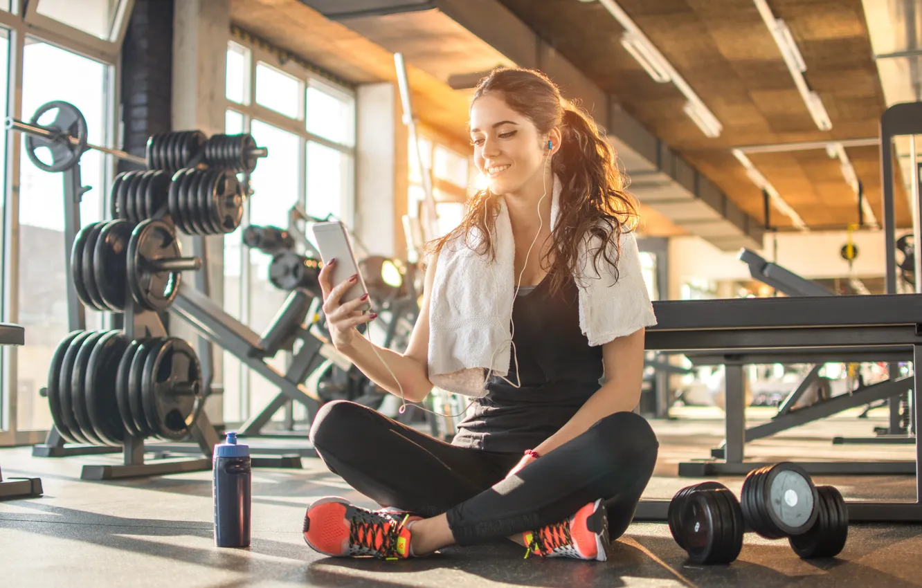 Photo wallpaper girls, exercise, sports, fitness, dumbbells, sportswear